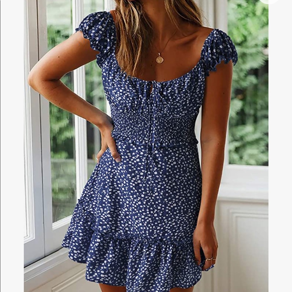 Valphsio Womens Smocked Dress Ruffle Floral Tie Front Boho Short Dress